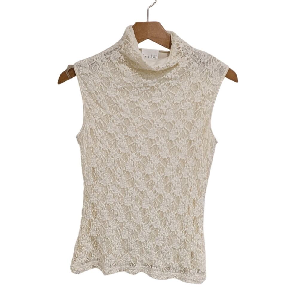Kate Hill Womens Cream Lace Mockneck Sleeveless Coquette Top Fairy Victorian